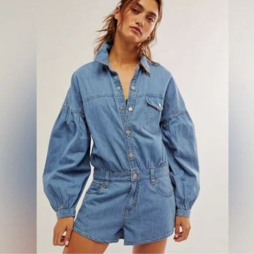 Women's Blue Denim Long sleeve Romper